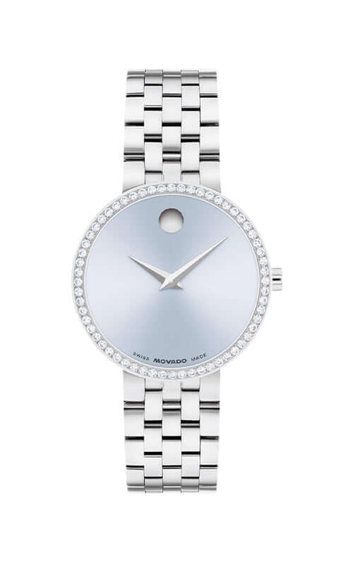 Silver watch with a detailed face on a white background
Movado Museum Classic 0608066 Bandiera Jewellers