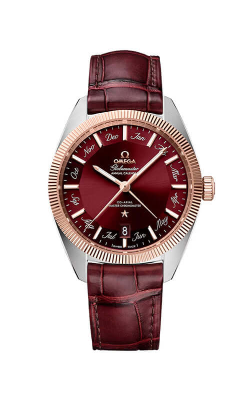 Luxury watch with red face and leather strap on white background
Omega Constellation Globemaster Chronometer Annual Calendar 130.23.41.22.11.001 Bandiera Jewellers