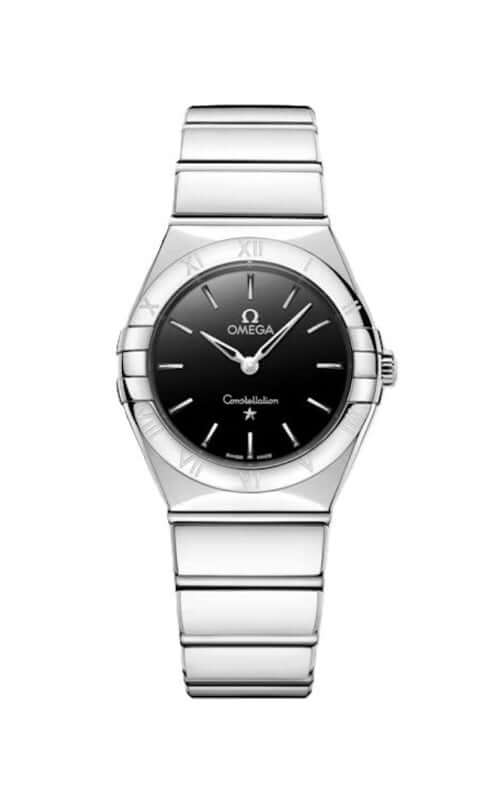 Silver Omega watch with black dial on a white background
Omega Constellation Ladies Watch 131.10.28.60.01.001 Bandiera Jewellers