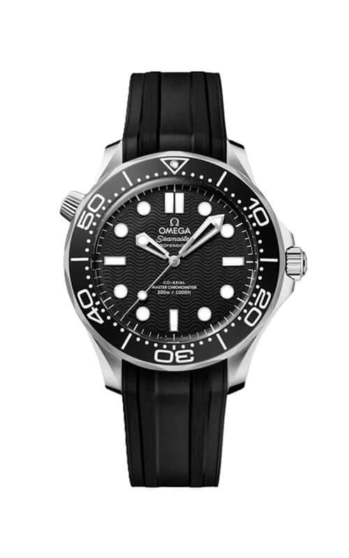 Omega watch with black rubber strap on a white background
Omega Seamaster Diver 300M Mens Watch 210.32.42.20.01.003 Bandiera Jewellers