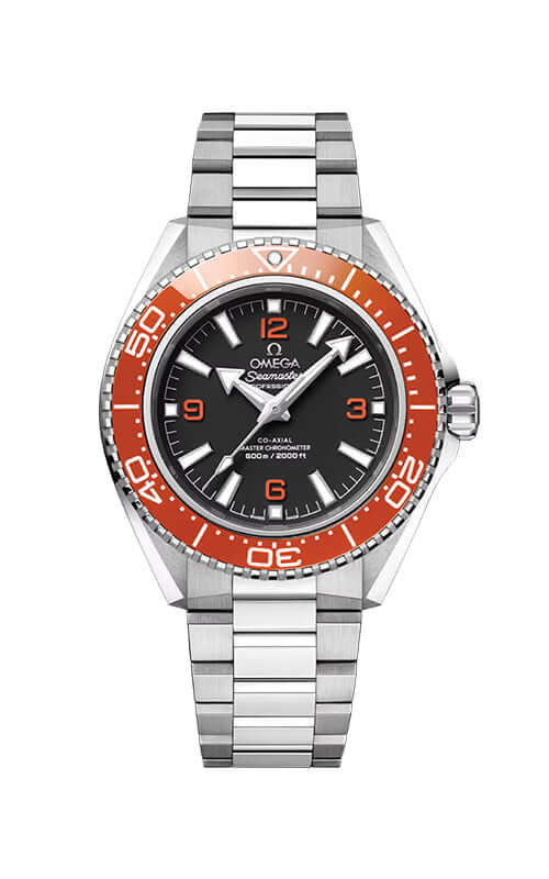 Omega watch with black face and orange bezel on a white background
Omega Seamaster Planet Ocean 600M 217.30.42.21.01.003 Bandiera Jewellers