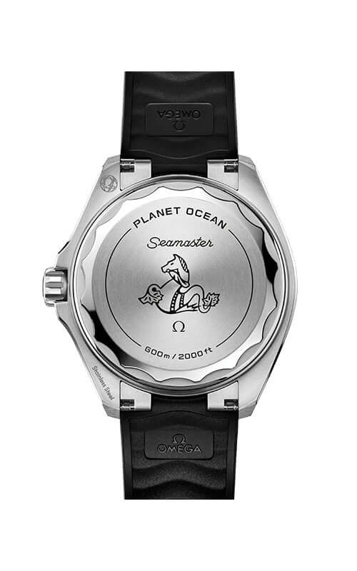 Omega watch with black strap and silver case on a white background
Omega Seamaster Planet Ocean 600M 217.32.42.21.01.002 Bandiera Jewellers