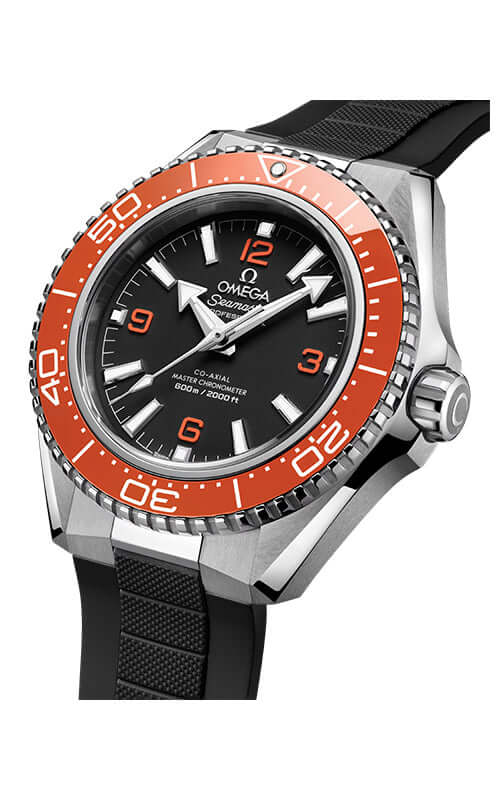 Omega watch with black and red bezel on a white background
Omega Seamaster Planet Ocean 600M 217.32.42.21.01.003 Bandiera Jewellers