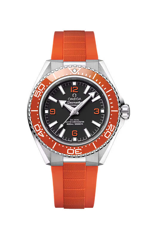 Omega watch with orange strap and black dial on a white background
Omega Seamaster Planet Ocean 600M 217.32.42.21.01.004 Bandiera Jewellers