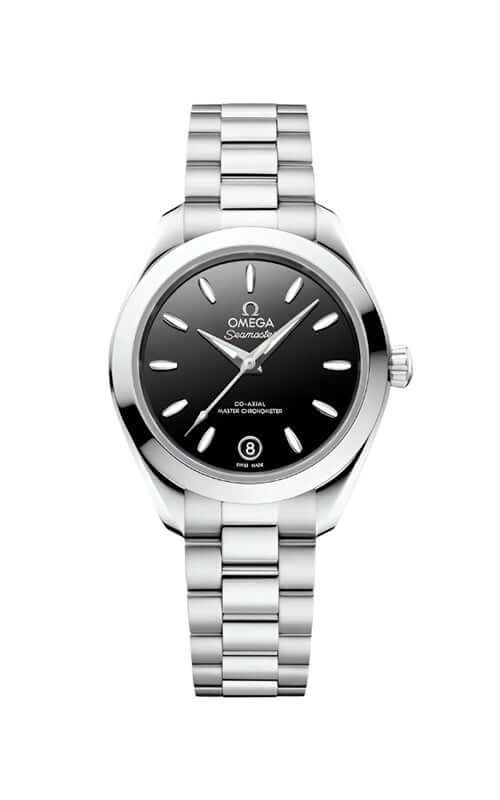 Silver Omega watch with black dial on a white background
Omega Seamaster Aqua Terra 150M 220.10.30.20.01.001 Bandiera Jewellers