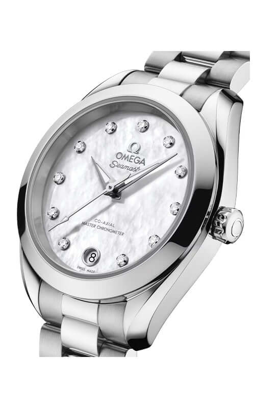 Silver Omega watch with a white face on a white background
Omega Seamaster Aqua Terra 150M 220.10.30.20.55.001 Bandiera Jewellers