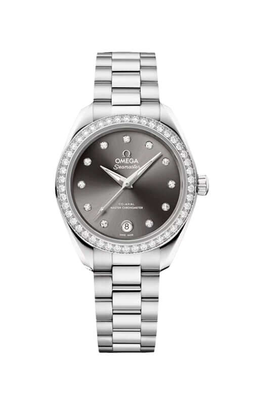 Silver watch with a dark face on a white background
Omega Seamaster Aqua Terra 150M 220.15.30.20.56.001