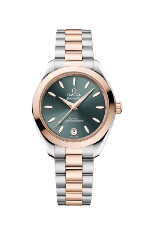Two-tone Omega watch with green dial on a white background
Omega Seamaster Aqua Terra 150M 220.20.30.20.10.002 Bandiera Jewellers