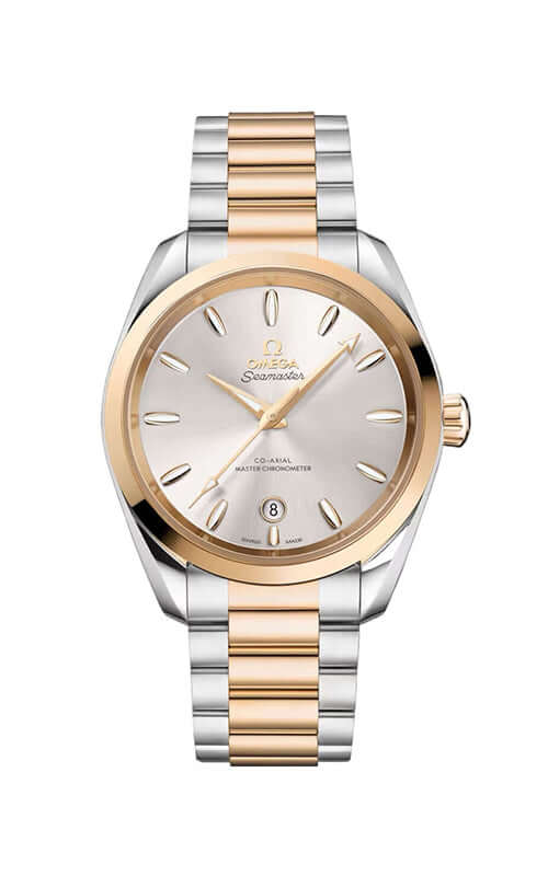 Two-tone watch with silver and rose gold band on a white background
Omega Aqua Terra 150M Master Chronometer Watch 220.20.38.20.02.002 Bandiera Jewellers