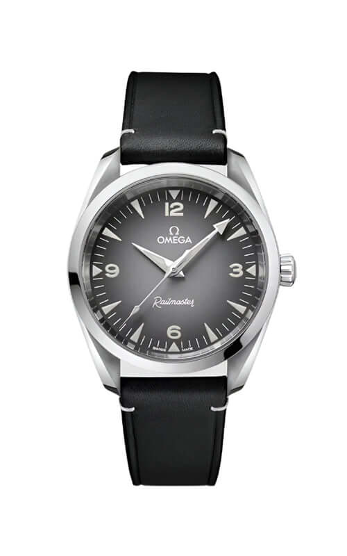Omega watch with black strap and gray dial on a white background
Omega Seamaster Railmaster Watch 235.12.38.20.06.001 Bandiera Jewellers