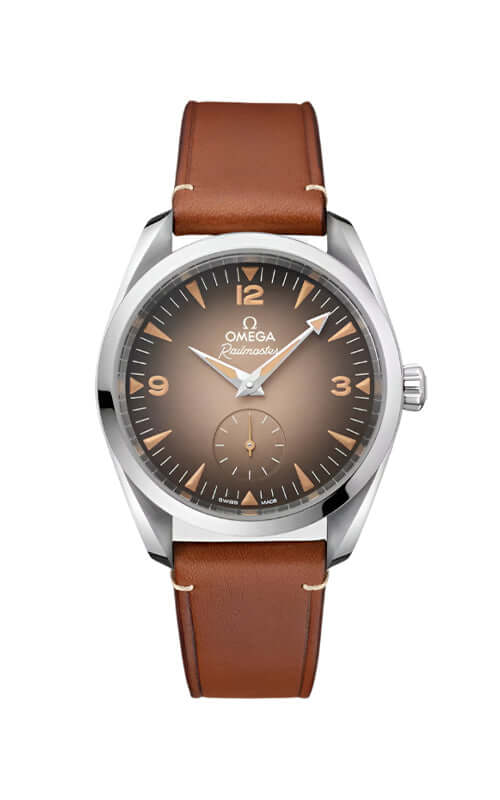 Omega watch with brown leather strap and brown dial on a white background
Omega Seamaster Railmaster Watch 235.12.38.20.13.001 Bandiera Jewellers