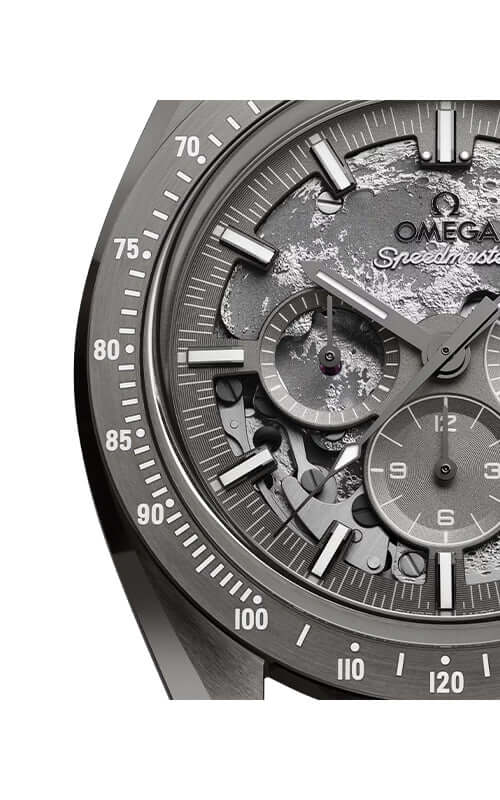 Close-up of a detailed Omega watch face with visible brand name.
Omega Speedmaster Dark Side of the Moon 310.92.44.50.06.001 Bandiera Jewellers