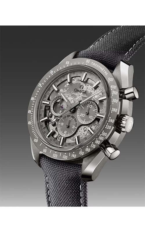 Omega watch with detailed face and black strap on gradient background
Omega Speedmaster Dark Side of the Moon 310.92.44.50.06.001 Bandiera Jewellers