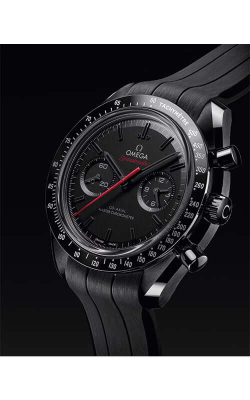 Black Omega watch with detailed face on a black background
Omega Speedmaster Dark Side of the Moon 310.92.44.51.01.001 Bandiera Jewellers