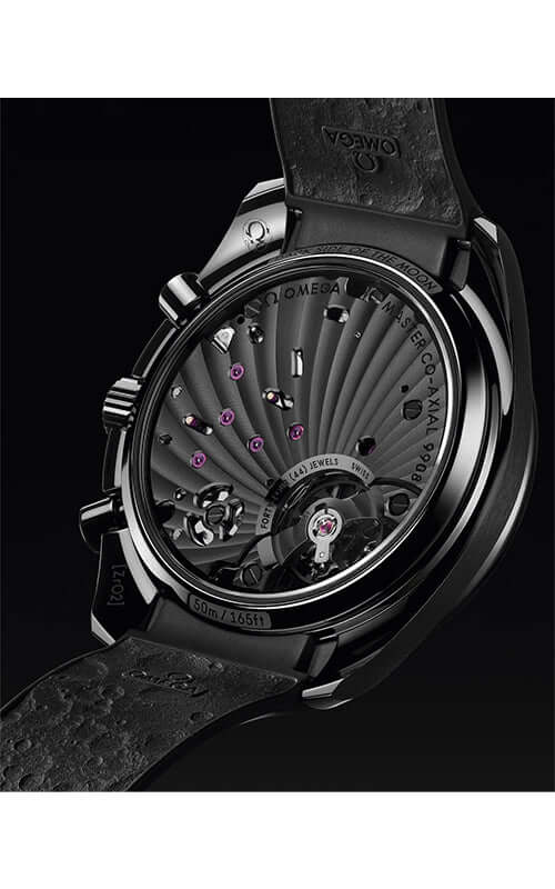 Close-up of a black watch with visible brand name on a dark background
Omega Speedmaster Dark Side of the Moon 310.92.44.51.01.001 Bandiera Jewellers