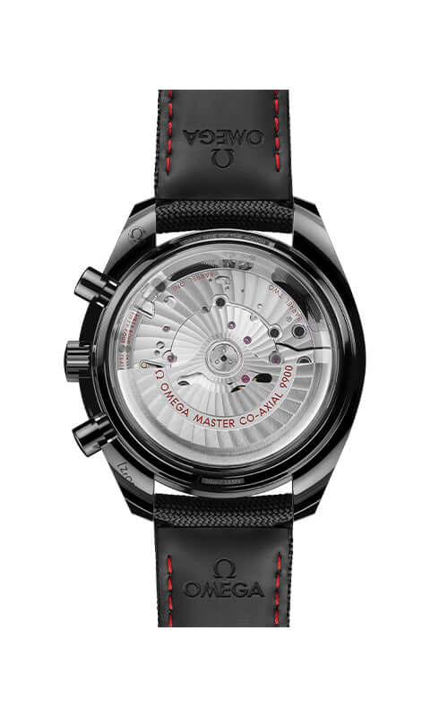 Omega watch with black leather strap and visible brand logo on a white background
Omega Speedmaster Dark Side of the Moon 310.92.44.51.01.002 Bandiera Jewellers