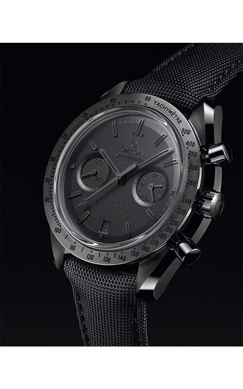 Black watch with detailed face on a black background
Omega Speedmaster Dark Side of the Moon 310.92.44.51.01.003 Bandiera Jewellers