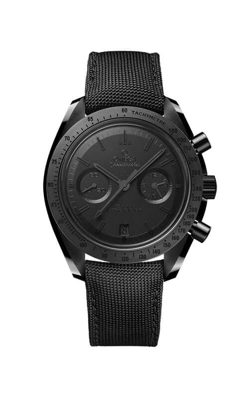 Black watch with mesh strap on a white background
Omega Speedmaster Dark Side of the Moon 310.92.44.51.01.003 Bandiera Jewellers