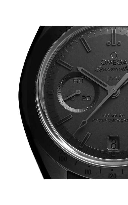 Black Omega watch face with detailed design on a white background
Omega Speedmaster Dark Side of the Moon 310.92.44.51.01.005 Bandiera Jewellers