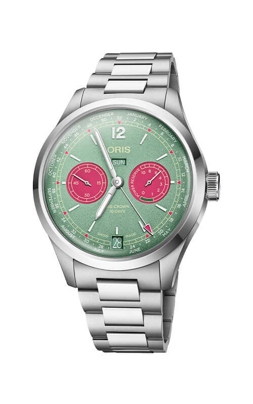 Silver watch with a green face on a white background
Oris Big Crown Calibre 113 01 113 7800 4057-07 8 21 06 Bandiera Jewellers