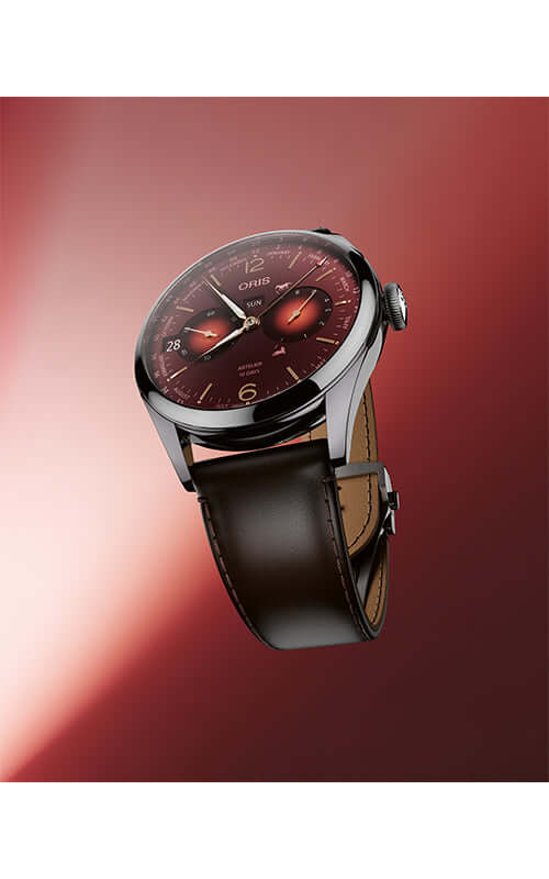 Luxury watch with a brown leather strap and red dial on a gradient red background
ORIS Year of the Horse Limited Edition 01 113 7806 4088-Set Bandiera Jewellers