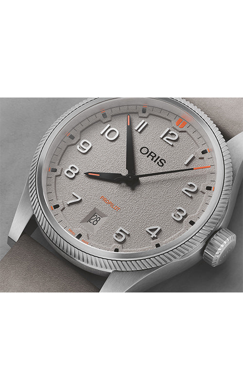 Oris watch with a silver case and gray dial on a white background
ORIS ProPilot Date 01 733 7805 4163-07 6 20 15LC Bandiera Jewellers