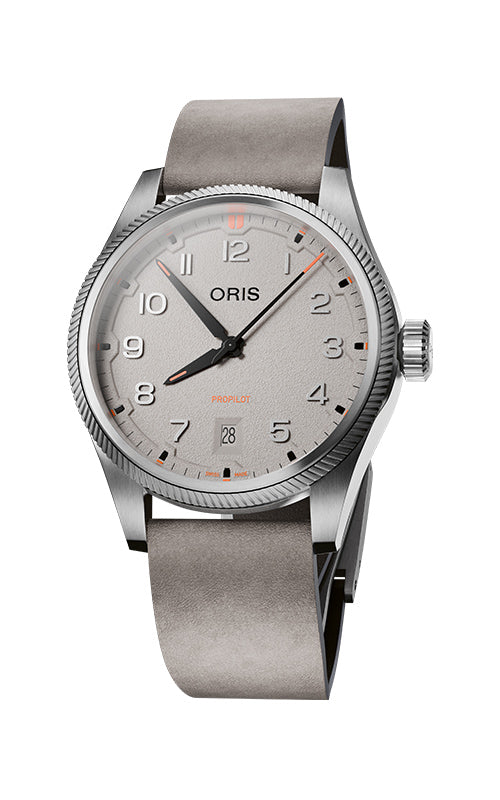 Silver Oris watch with a white face on a white background
ORIS ProPilot Date 01 733 7805 4163-07 6 20 15LC Bandiera Jewellers