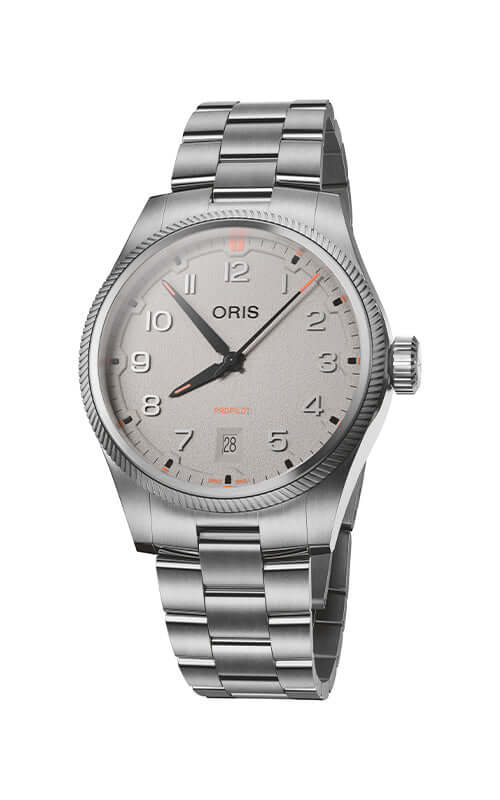 Silver Oris watch with a white face on a white background
ORIS ProPilot Date 01 733 7805 4163-07 8 20 04LC Bandiera Jewellers