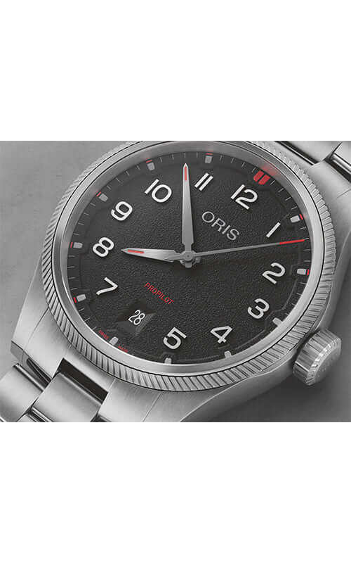Oris watch with black dial and silver case on a gray background
ORIS ProPilot Date 01 733 7805 4163-07 8 20 04LC Bandiera Jewellers