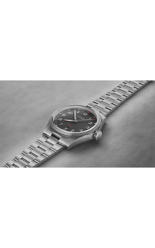 Silver watch with a black face on a wooden surface
ORIS ProPilot Date 01 733 7805 4163-07 8 20 04LC Bandiera Jewellers