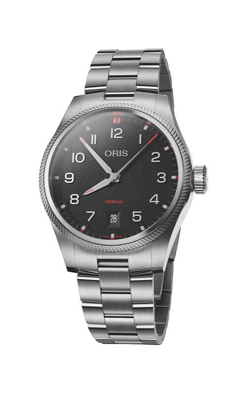 Silver Oris watch with black dial on a white background
ORIS ProPilot Date 01 733 7805 4163-07 8 20 04LC Bandiera Jewellers
