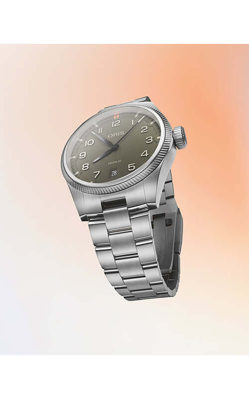 Silver watch with a metallic band on a gradient background
ORIS ProPilot Date 01 733 7805 4163-07 8 20 04LC Bandiera Jewellers