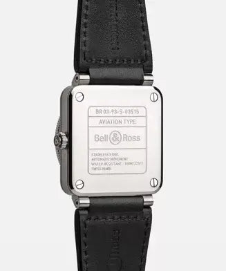 Bell & Ross watch with black leather strap and silver case on a white background
Bell & Ross BR-03 GMT Black BR0393-BL-ST/SCA Bandiera Jewellers