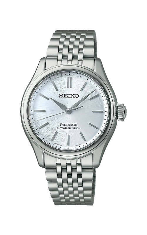 Silver Seiko watch with a white face on a white background
Seiko Presage Classic Series SPB521J1 Bandiera Jewellers