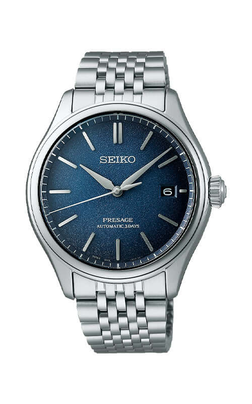 Seiko Presage watch with blue face and silver metal bracelet on a white background
Seiko Presage Classic Series SPB525J1 Bandiera Jewellers