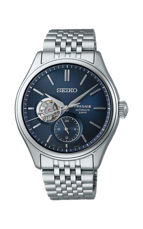 Seiko Presage watch with blue face and silver metal strap on a white background
Seiko Presage Classic Series SPB527J1 Bandiera Jewellers