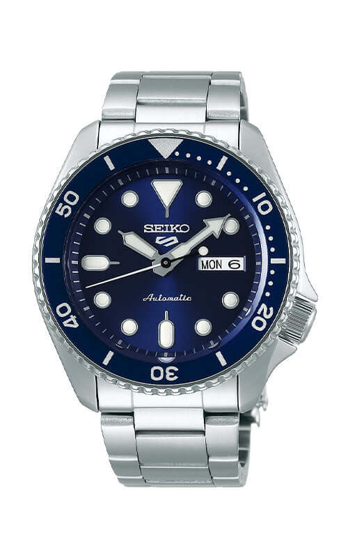 Seiko watch with blue dial and silver metal strap on a white background
Seiko 5 Sports SKX Series SRPD51K1J Bandiera Jewellers
