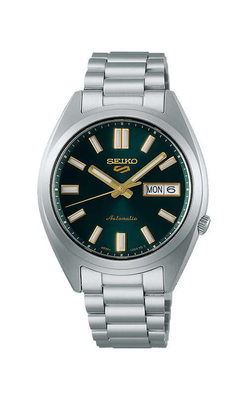 Seiko watch with silver bracelet and green dial on a white background
Seiko 5 Sports SNXS Series SRPL57K1J Bandiera Jewellers