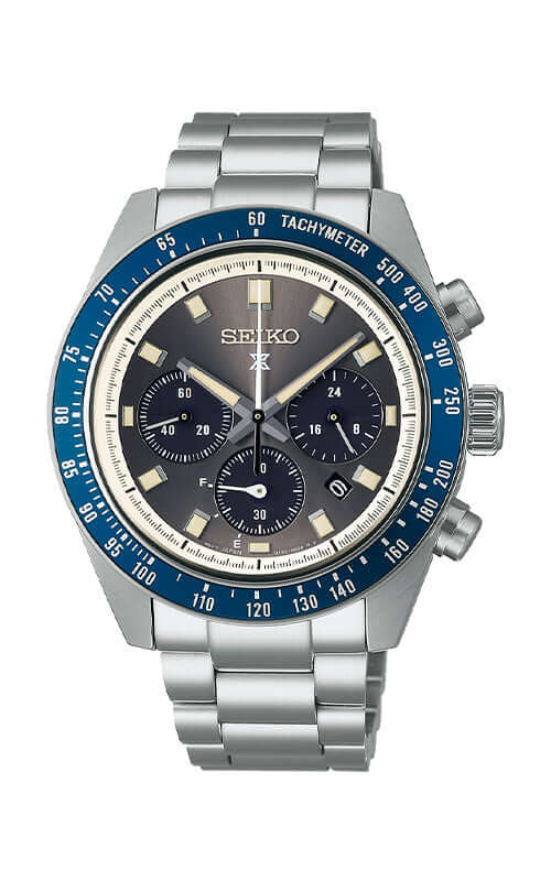 Seiko watch with silver and blue design on a white background
Seiko Prospex Speedtimer Solar Chronograph SSC939P1 Bandiera Jewellers