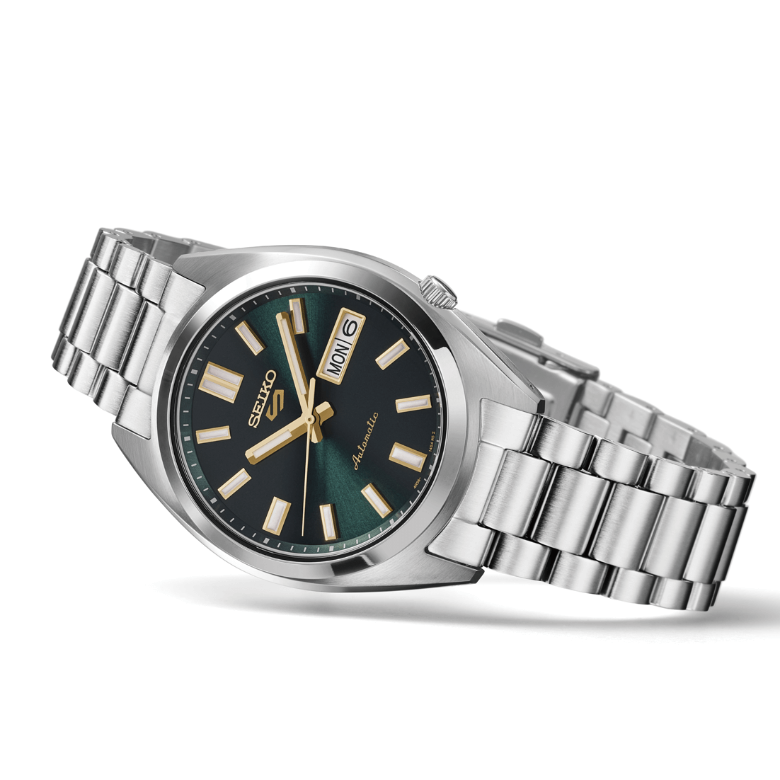 Seiko watch with silver bracelet and green dial on a white background
Seiko 5 Sports SNXS Series SRPL57K1J Bandiera Jewellers