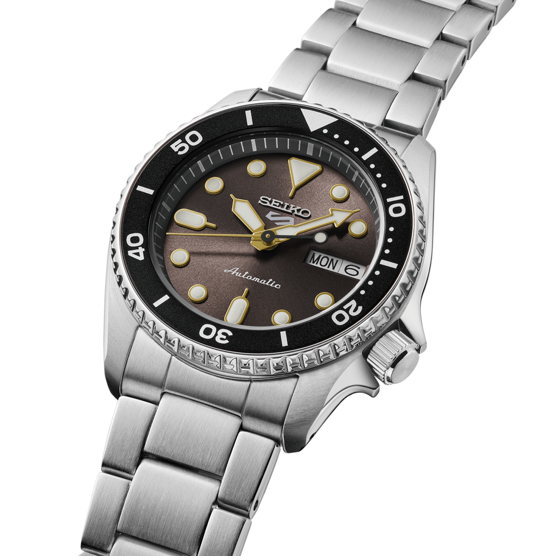 Silver Seiko watch with a brown dial on a white background
Seiko 5 Sports SKX Series SRPL79K1J Bandiera Jewellers