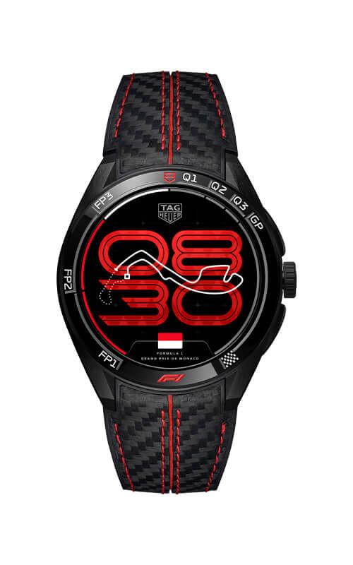 Black smartwatch with red accents on a white background
TAG Heuer Connected Calibre E5 x Formula 1® Edition SBT8A85.EB0417 Bandiera Jewellers