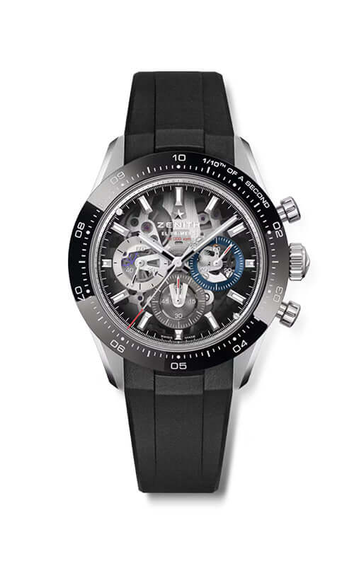 Black and silver watch with detailed face on a white background
Zenith Chronomaster Sport 03.3130.3600/01.M3130 Bandiera Jewellers
