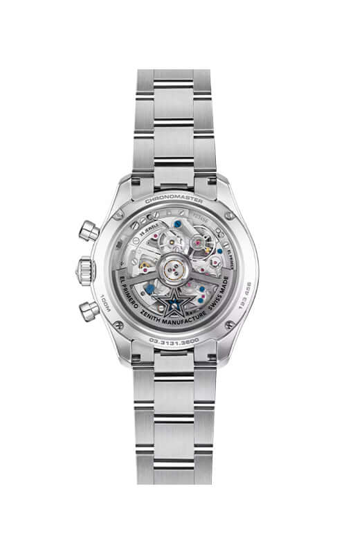 Silver watch with detailed face on a white background
Zenith Chronomaster Sport 03.3131.3600/01.M3130 Bandiera Jewellers
