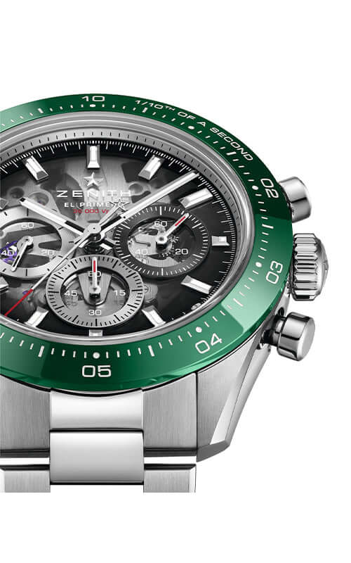 Green and silver watch with visible brand logo on a white background
Zenith Chronomaster Sport 03.3131.3600/01.M3130 Bandiera Jewellers