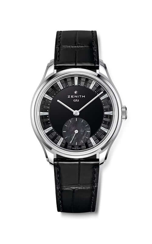 Zenith watch with black leather strap on a white background
Zenith G.F.J. CALIBRE 135 98.1865.0135/21.C212 Bandiera Jewellers