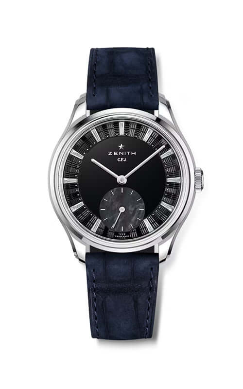 Luxury watch with black face and blue strap on a white background
Zenith G.F.J. CALIBRE 135 98.1865.0135/21.C212 Bandiera Jewellers