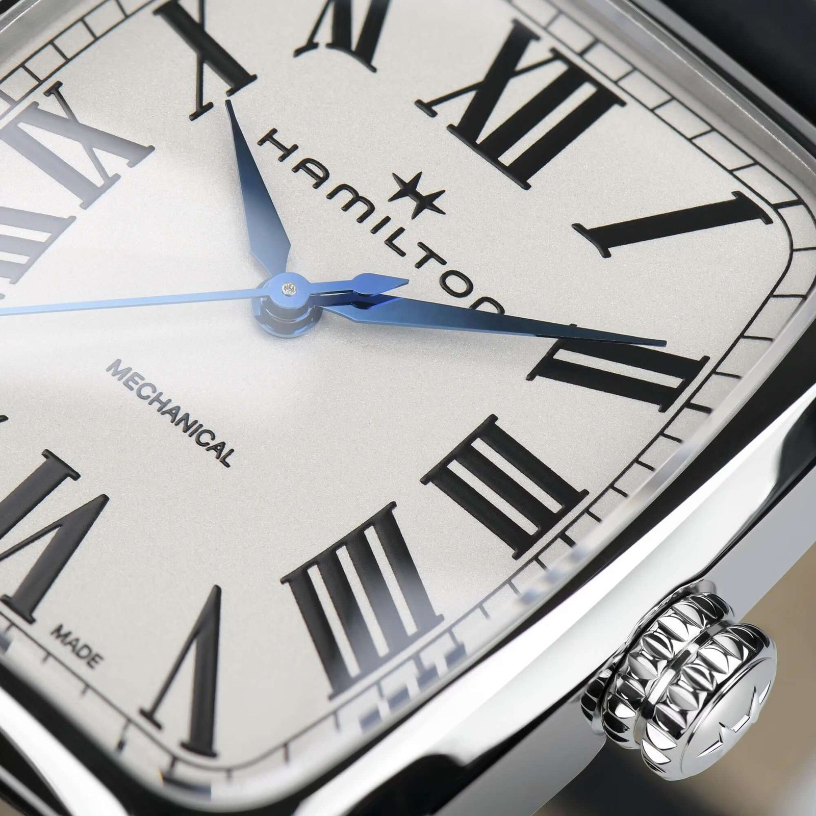 Hamilton watch face with Roman numerals and blue hands
Hamilton American Classic Boulton Mechanical H13519711 Bandiera Jewellers
