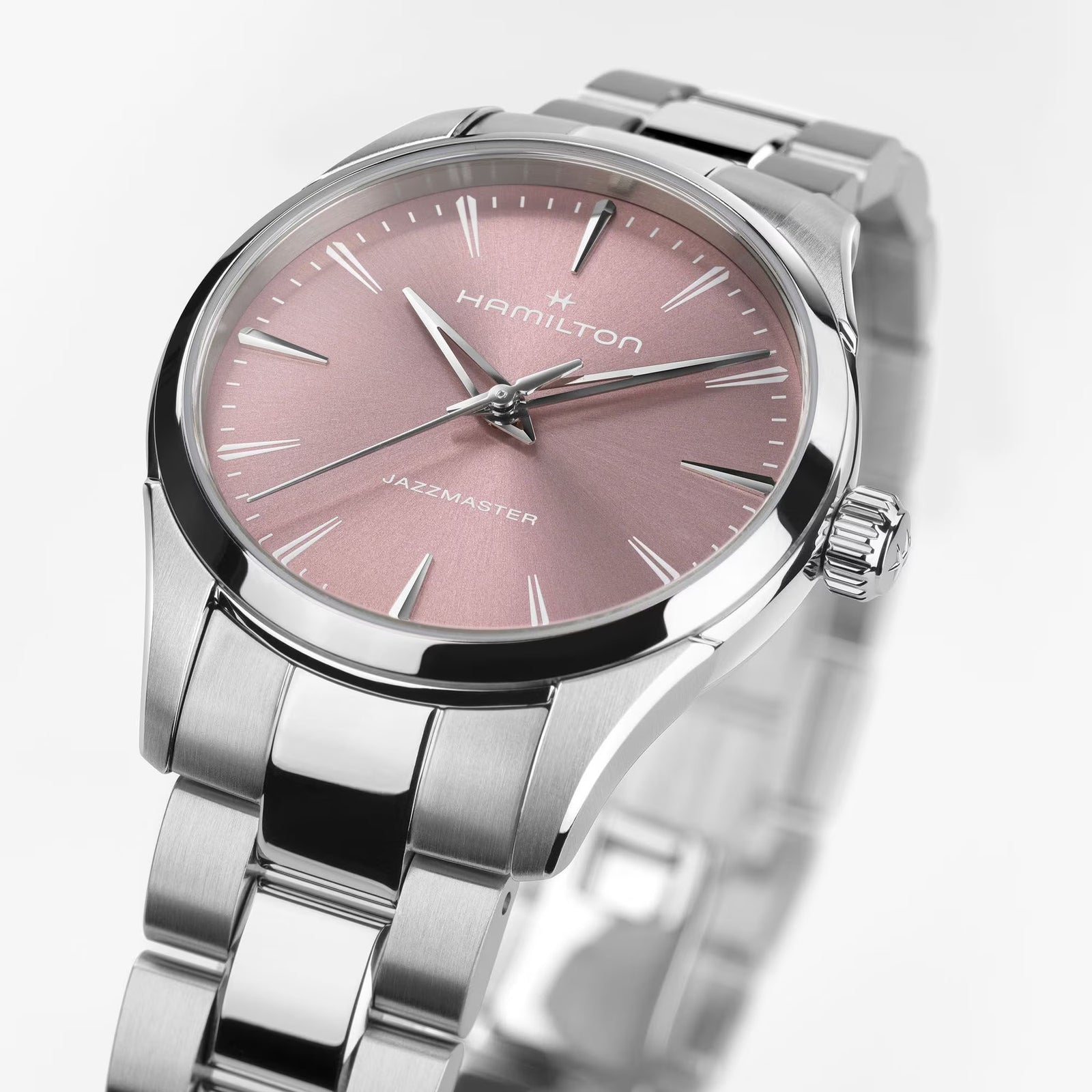 Hamilton watch with pink dial and silver metal band on a white background
Hamilton Jazzmaster Quartz 32mm H32301171 Bandiera Jewellers