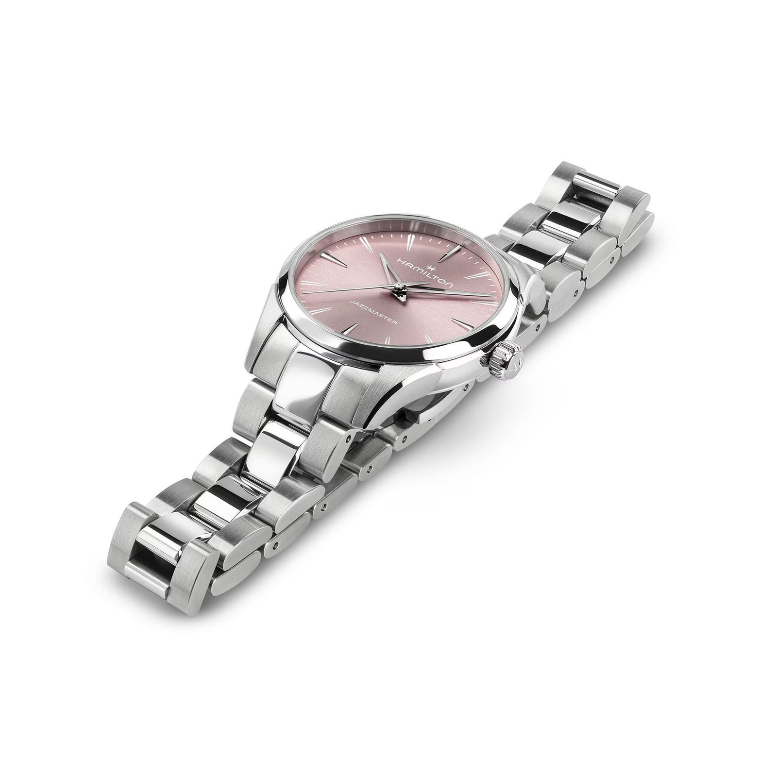 Silver watch with a pink face on a white background
Hamilton Jazzmaster Quartz 32mm H32301171 Bandiera Jewellers